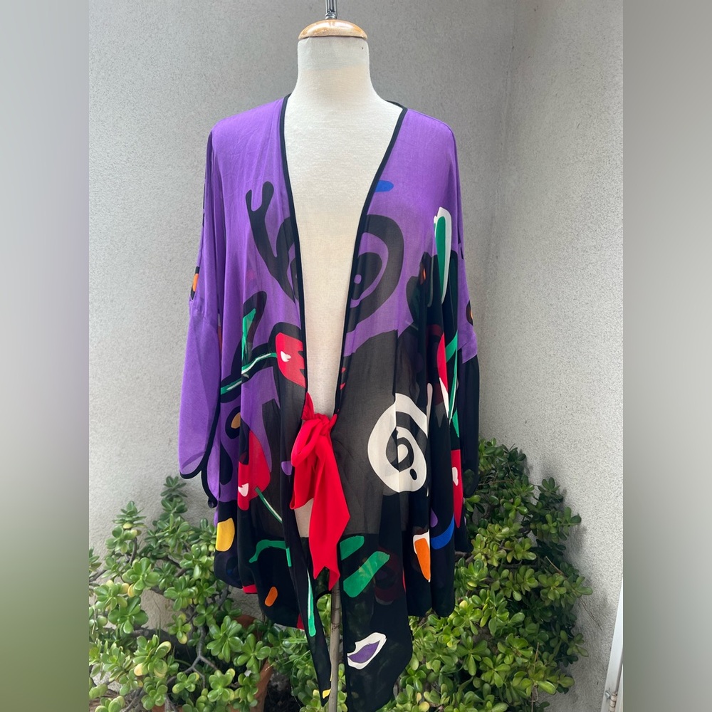 Very Vollbrach abstract print cape shrug sheer kimono style Sz OS